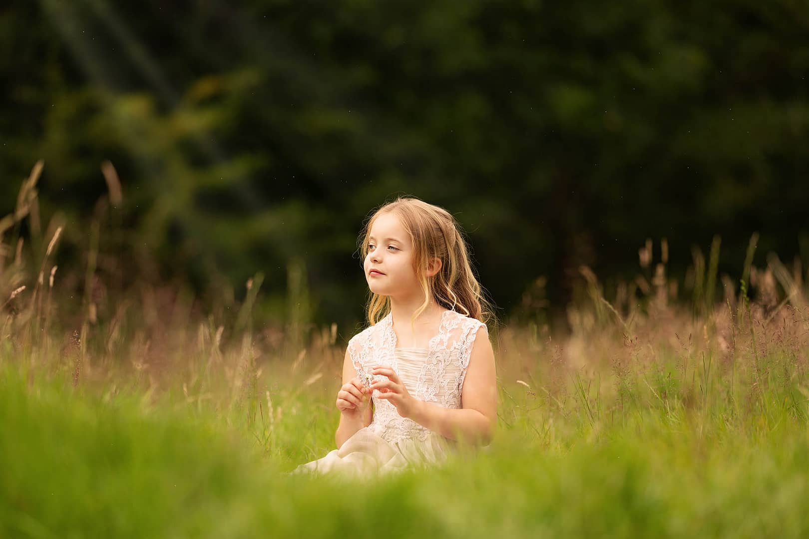 you girl sat in a field playing with a blade of grass, she's looking off into the distance.  Taken by children's photographer Nicki Byrne Photography, family photographer sutton coldfield birmingham